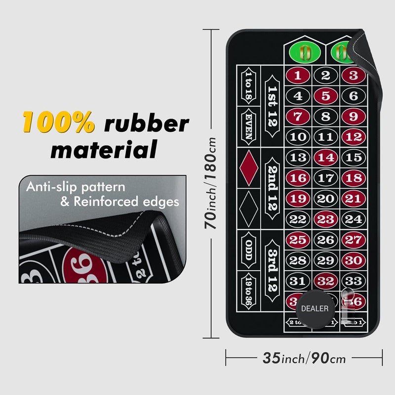 iEsstros Casino Roulette Mat 70" x 35" Rubber Roulette Table Mat Roulette Felt Mat with Storage Bag Win Marker Roulette Table Top Mat Casino Games for Adults-Black - Image 3